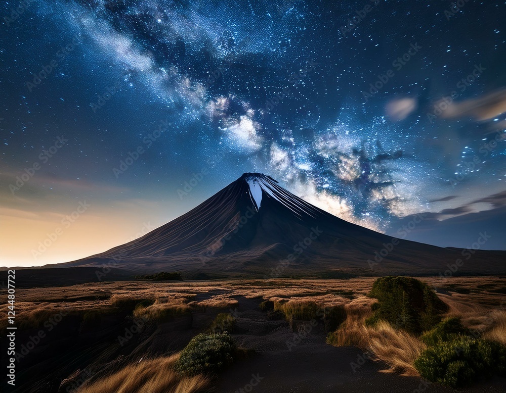 Fototapeta premium 星空の下で静かに佇む火山|幻想的な夜の風景