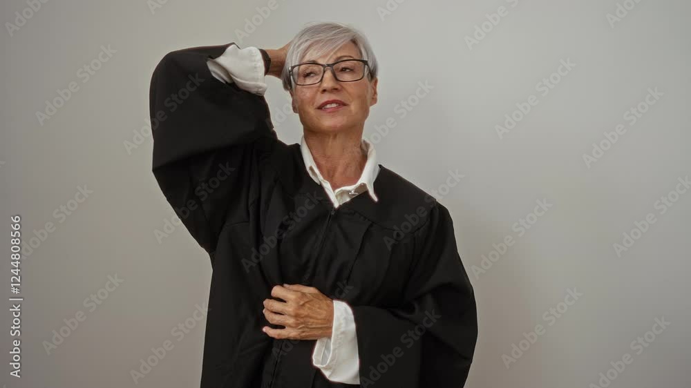 Woman in judge gown with grey hair and glasses over isolated white background posing in various moods and expressions Woman in judge gown with grey hair and glasses over isolated white background posing in various moods and expressions