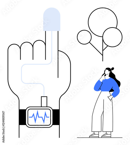 Hand with wearable heart rate monitor, geometric nodes, pensive woman. Ideal for health monitoring, technology, wearable devices, modern healthcare, biometry innovation mindfulness. Abstract line