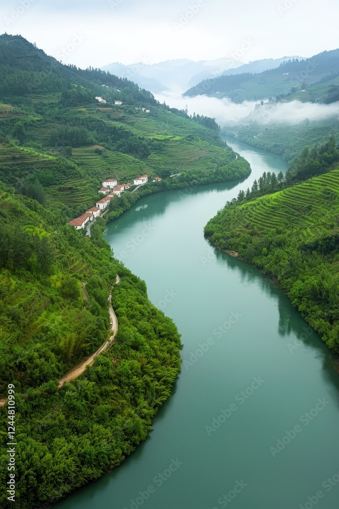 Serene River and Lush Green Mountainscape View Serene River and Lush Green Mountainscape View