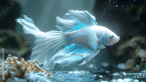 Crown tail fighting fish in underwater cave.