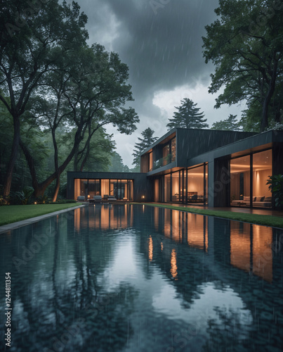 Sleek modern mansion with luxury interior and exteriors ambient lamps and a serene pool surrounded by cloudy skies and a rainy atmosphere Exterior Design Inspiration