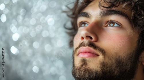 Thoughtful young man gazing upward with shimmering background, reflecting contemplation and hopefulness photo