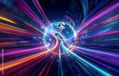 A vibrant globe is encircled by dynamic streaks of light, radiating outwards with energy. The image conveys a sense of global connection and futuristic technology.