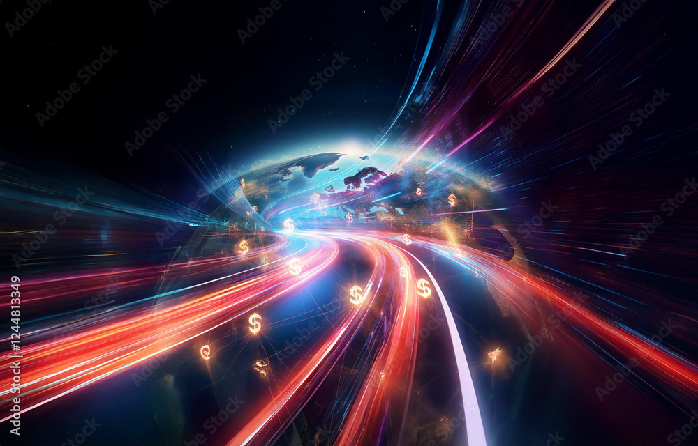 Obraz premium Streaks of light radiate from a globe with dollar symbols, depicting fast-paced global finance and digital connectivity in a modern abstract style.