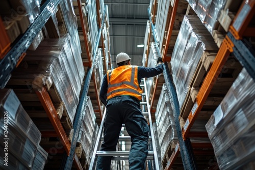 A warehouse employee demonstrating proper ladder safety techniques, ensuring secure positioning, preventing falls and workplace injuries