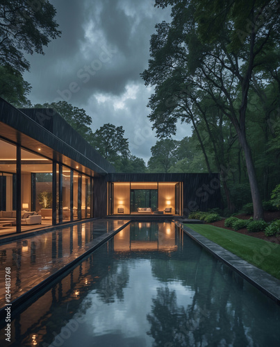 Sophisticated modern mansion with minimalist design stylish lamps and a tranquil pool on a cloudy rainy day Exterior Design Inspiration