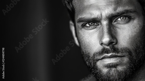 Intense Close-Up Portrait of a Young Man with Strong Features and Striking Blue Eyes in Black and White Photography