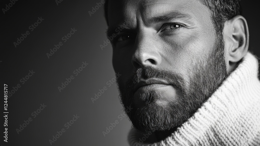 Intense Portrait of a Bearded Man with High Collar Sweater in Black and White, Capturing Strength and Character Intense Portrait of a Bearded Man with High Collar Sweater in Black and White, Capturing Strength and Character