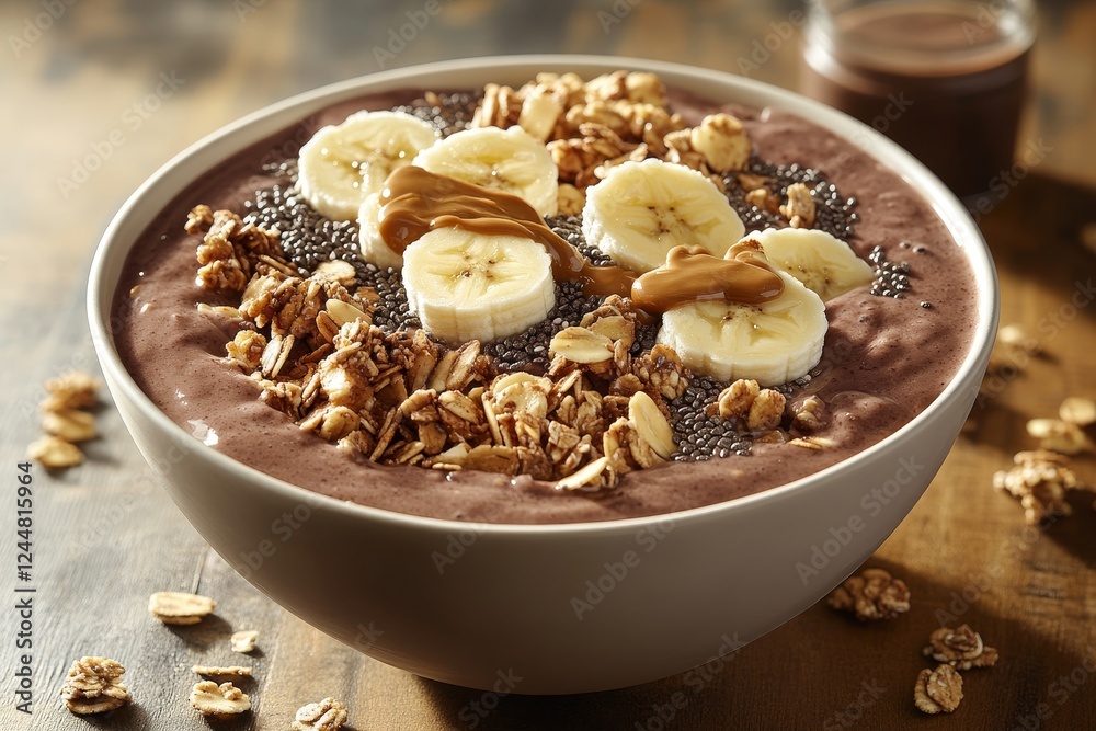 Chocolate smoothie bowl with banana, granola, and chia seeds Chocolate smoothie bowl with banana, granola, and chia seeds