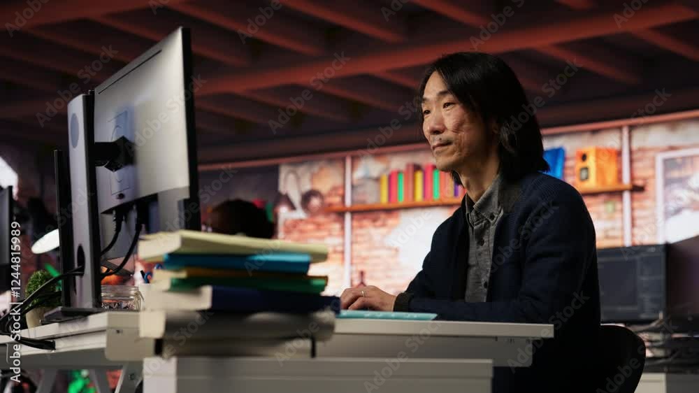 Startup manager leveraging machine learning technology in office to gain competitive edge. Asian Silicon Valley company IT expert working on rapid technological advancement, camera B