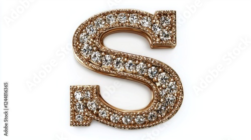 Extravagant letter S designed rich gold texture adorned sparkling diamonds creates luxurious visual impression. elegant piece stands out against pristine white backdrop.