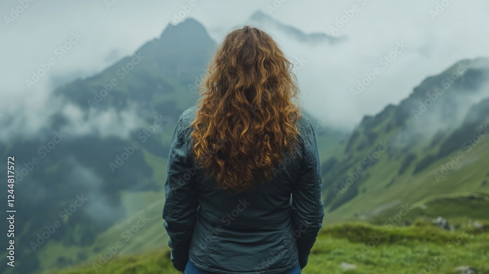 Naklejka premium Woman with Curly Hair Gazing at Majestic Mountains Under a Cloudy Sky in Picturesque Landscape