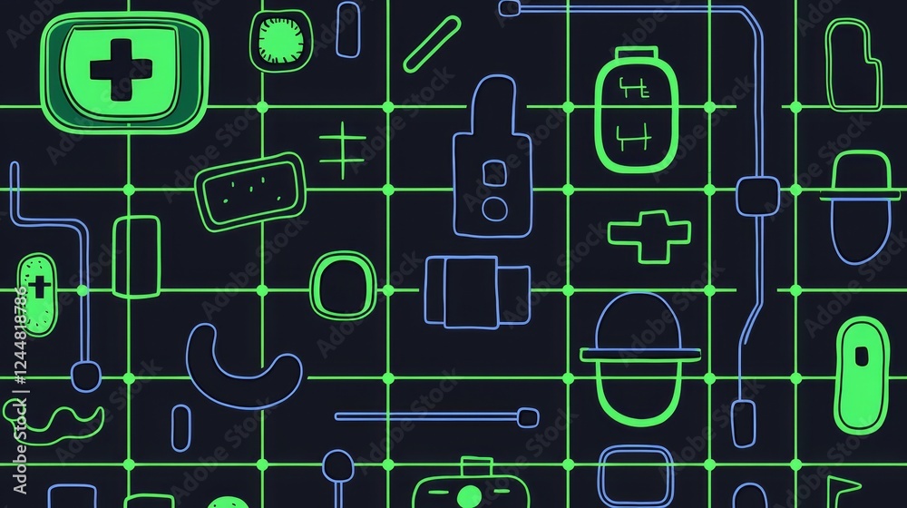 Digital Scope of Microbiology with Stylized Bacteria and Medical Icons Digital Scope of Microbiology with Stylized Bacteria and Medical Icons