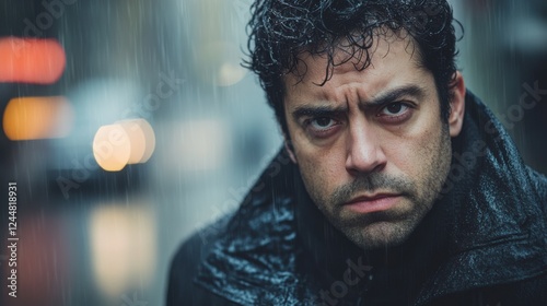 Intense Portrait of Man with Dark Hair in Rainy Urban Environment Capturing Feelings of Determination and Grit