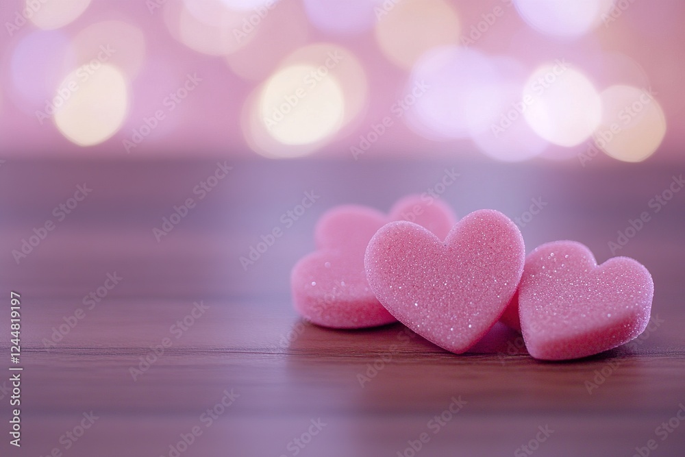 Fototapeta premium Pink hearts on a wooden table against a light defocused bokeh background. Love, Valentine's Day concept. 