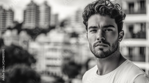 Young man with curly hair poses confidently against an urban background in black and white photo