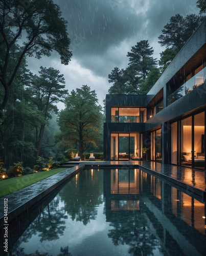 Stylish minimalist mansion with warm lighting modern decor and a tranquil pool surrounded by rainy cloudy weather Exterior Design Inspiration