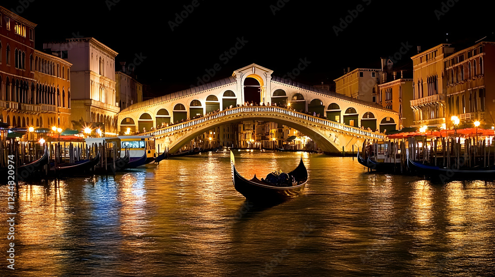 Obraz premium Gondola floats gracefully under illuminated bridge at night in Venice.