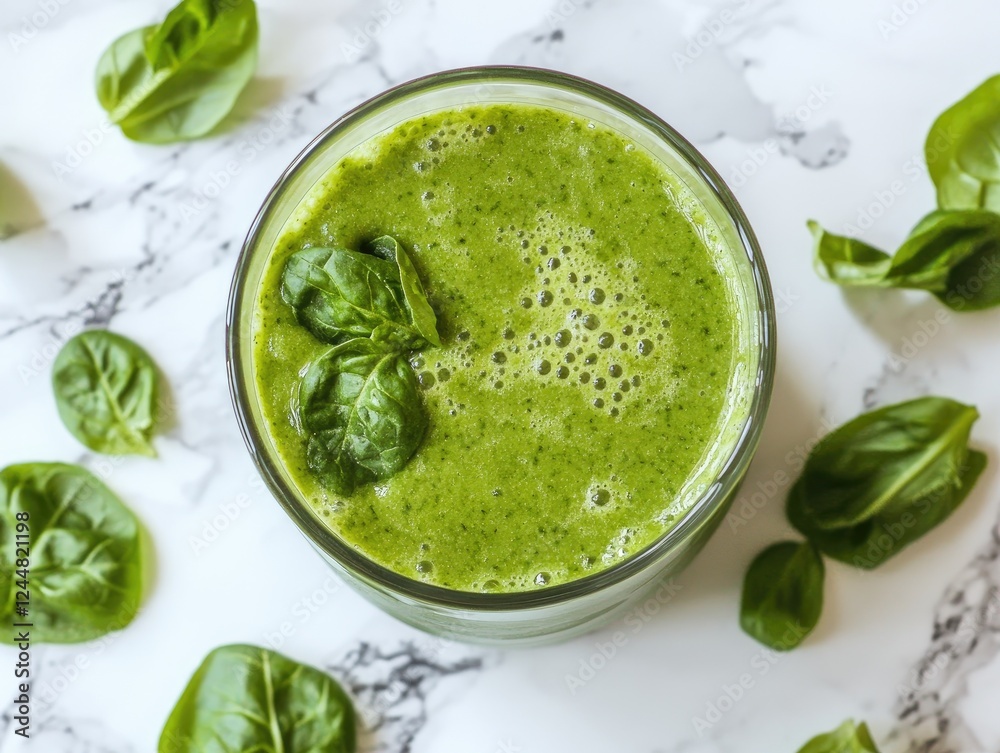 Healthy Green Smoothie with Fresh Spinach on Marble Background Overhead View Healthy Green Smoothie with Fresh Spinach on Marble Background Overhead View