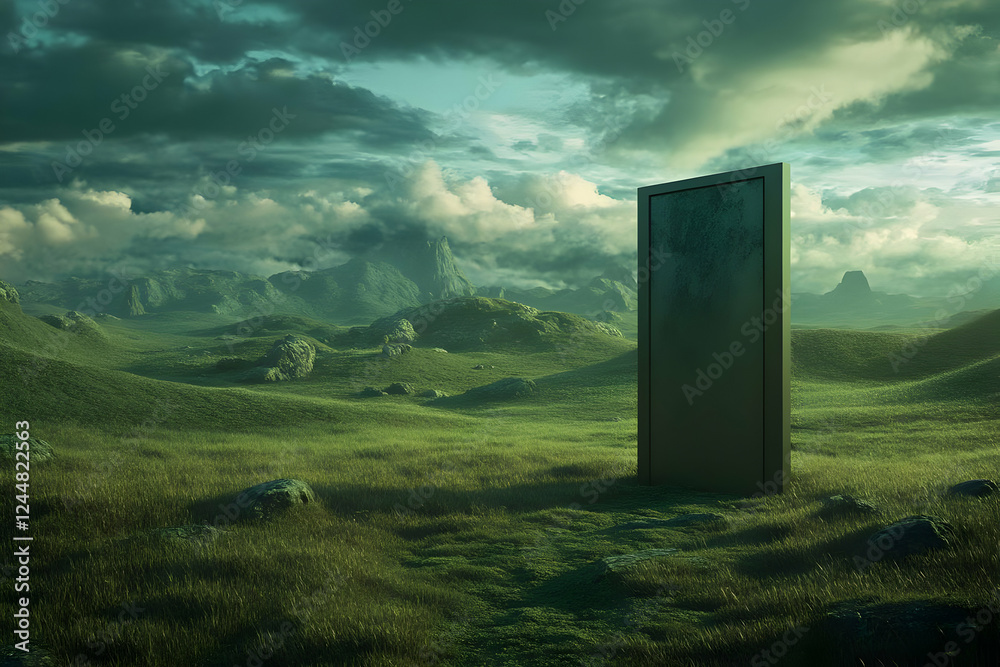 Mysterious Monolith Stands in a Lush Green Field under a Cloudy Sky, a Surreal and Eerie Scene. Mysterious Monolith Stands in a Lush Green Field under a Cloudy Sky, a Surreal and Eerie Scene.