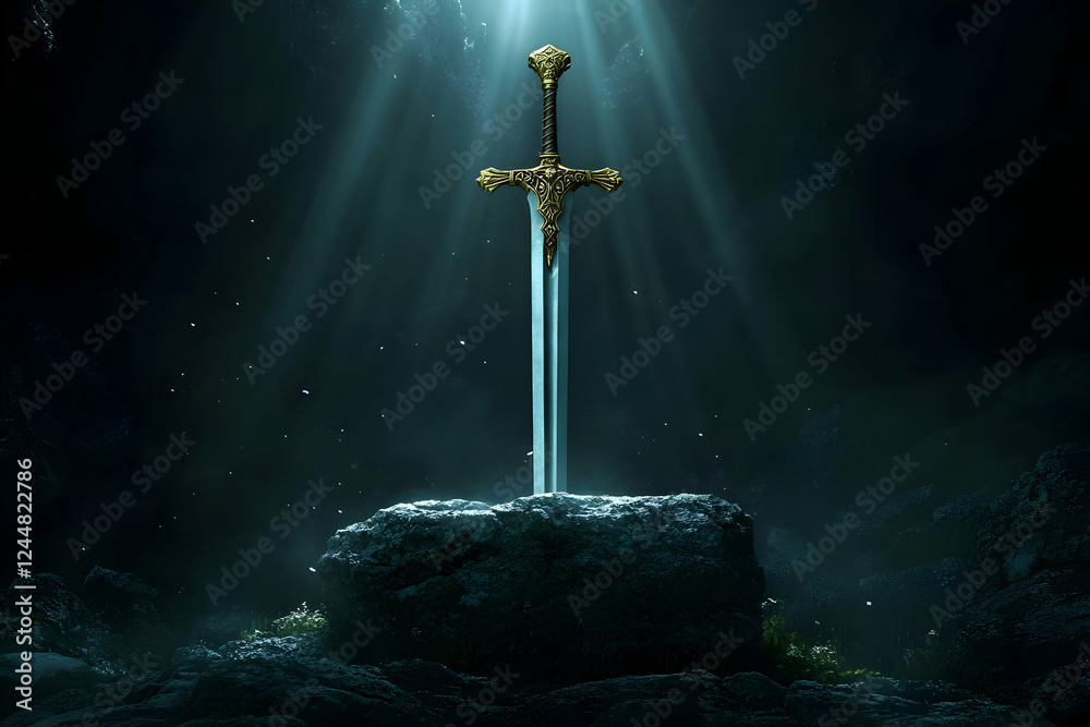 Naklejka premium Mystical Sword in Stone Illuminated by Divine Light in a Dark Cave