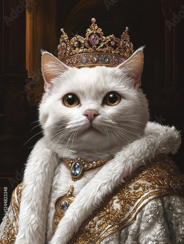 Custom dog portrait, Majestic White Cat Wearing A Royal Crown And Ornate Robe In An