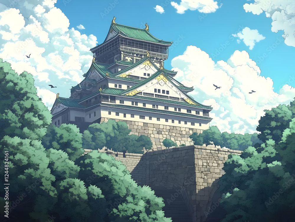 Majestic Castle Stands Tall Amidst Lush Greenery and a Bright Blue Sky with Fluffy Clouds Majestic Castle Stands Tall Amidst Lush Greenery and a Bright Blue Sky with Fluffy Clouds