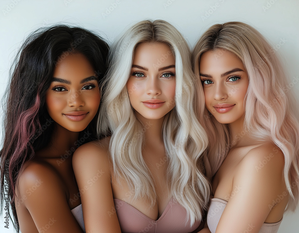 Portrait of three diverse young women with different skin tones and hair colors posing closely together in stylish pastel outfits against a neutral background. Portrait of three diverse young women with different skin tones and hair colors posing closely together in stylish pastel outfits against a neutral background.