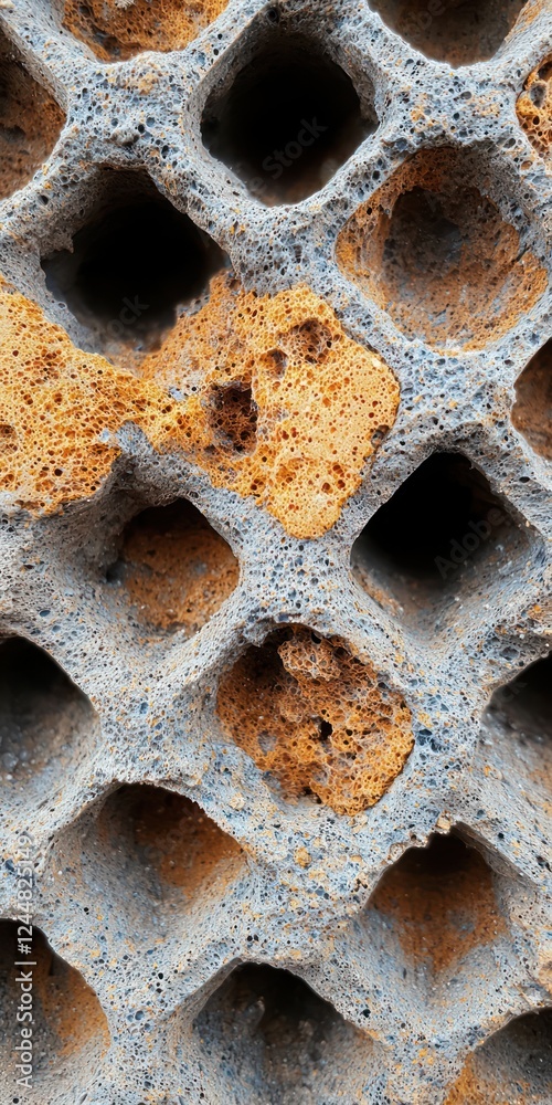 Close-up of a textured surface with hexagonal holes and rust-like discoloration. Close-up of a textured surface with hexagonal holes and rust-like discoloration.