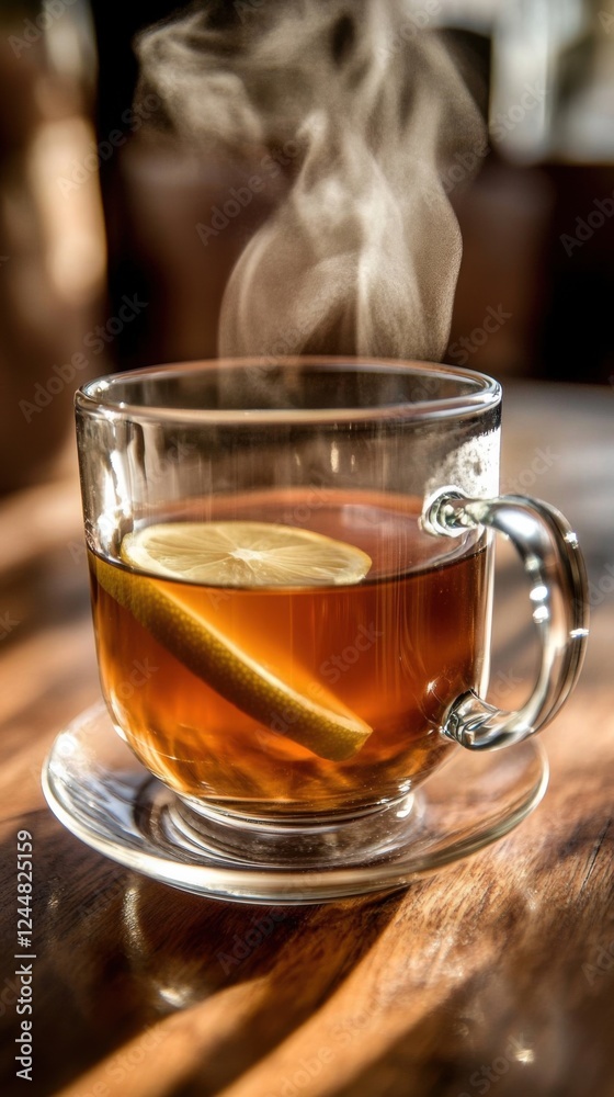 Enjoying a warm cup of tea with lemon in a cozy setting on a chilly day Enjoying a warm cup of tea with lemon in a cozy setting on a chilly day