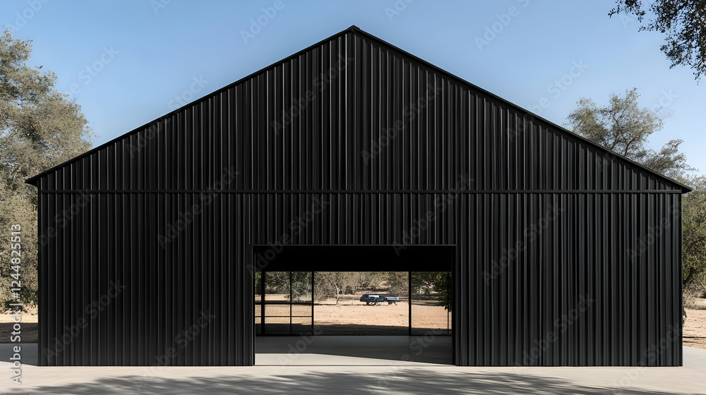 Modern Black Barn Stands Tall with Open Doorway Revealing a Trailer in the Distance Under Blue Sky Modern Black Barn Stands Tall with Open Doorway Revealing a Trailer in the Distance Under Blue Sky