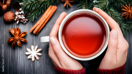 Woman Holds Warm Cup of Tea with Festive Holiday Decorations and Spices