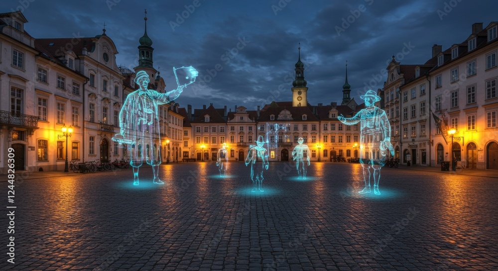 Fototapeta premium Holograms of historical figures projected in charming european square at dusk