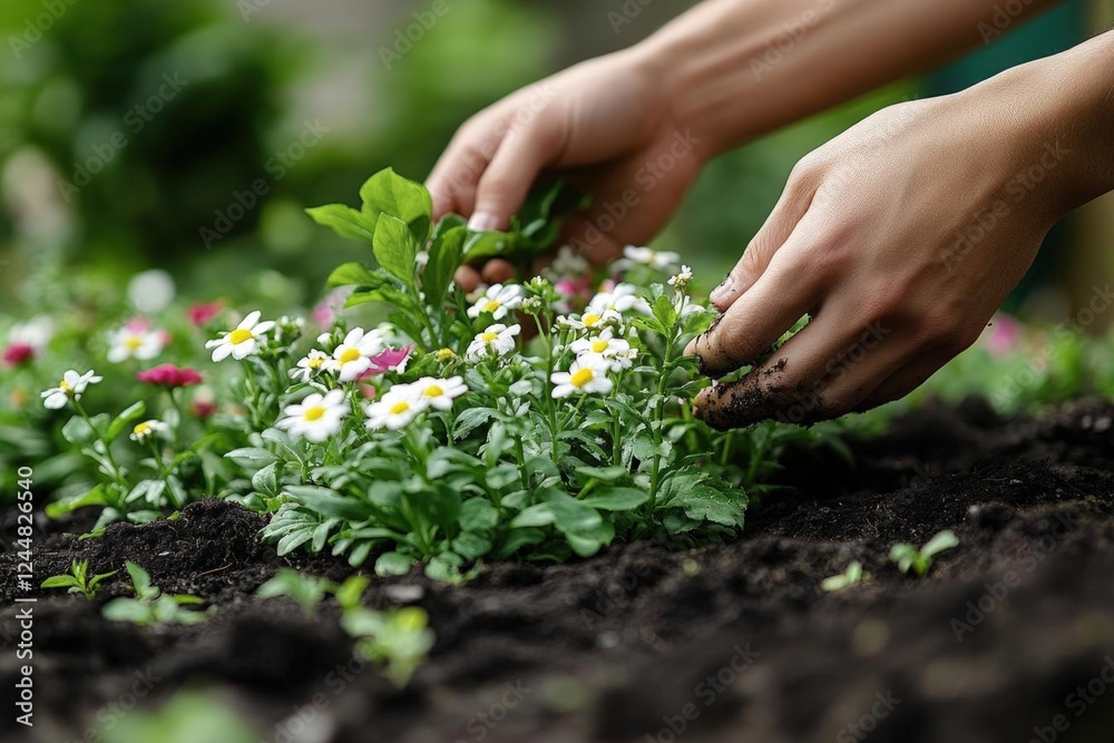 Hands Planting White Daisies in a Garden