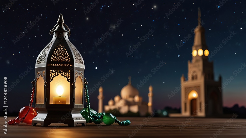 Fototapeta premium Mosque background muslim lamp and tasbih on table against night sky