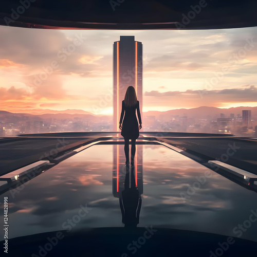 Woman Stands on Futuristic ...