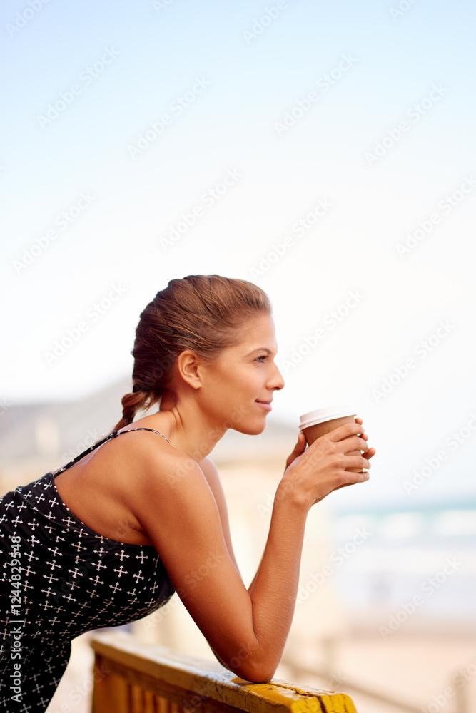 Woman, tea and thinking on vacation, beach and espresso cup on tropical island. Travel, balcony and outdoor nature for seaside peace, freedom and coffee beverage for reflection on ocean holiday Woman, tea and thinking on vacation, beach and espresso cup on tropical island. Travel, balcony and outdoor nature for seaside peace, freedom and coffee beverage for reflection on ocean holiday