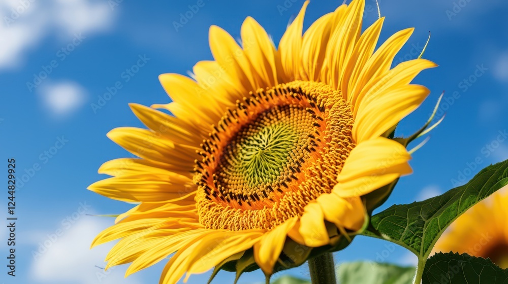 A vibrant sunflower against a blue sky, showcasing its intricate details and bright colors. A vibrant sunflower against a blue sky, showcasing its intricate details and bright colors.