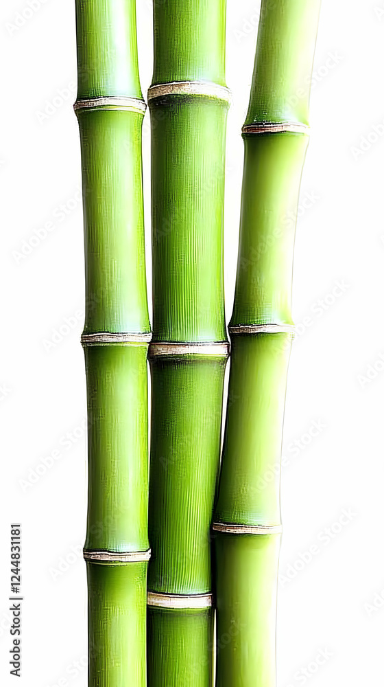 Fototapeta premium Three Green Bamboo Stalks Stand Tall and Vibrant Against a Clean White Backdrop