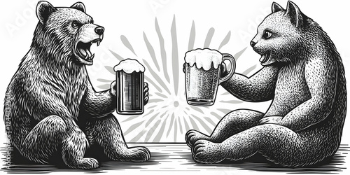 Bear and Cat Share Frosty Drinks: A Cheerful Illustration of Animal Companionship photo