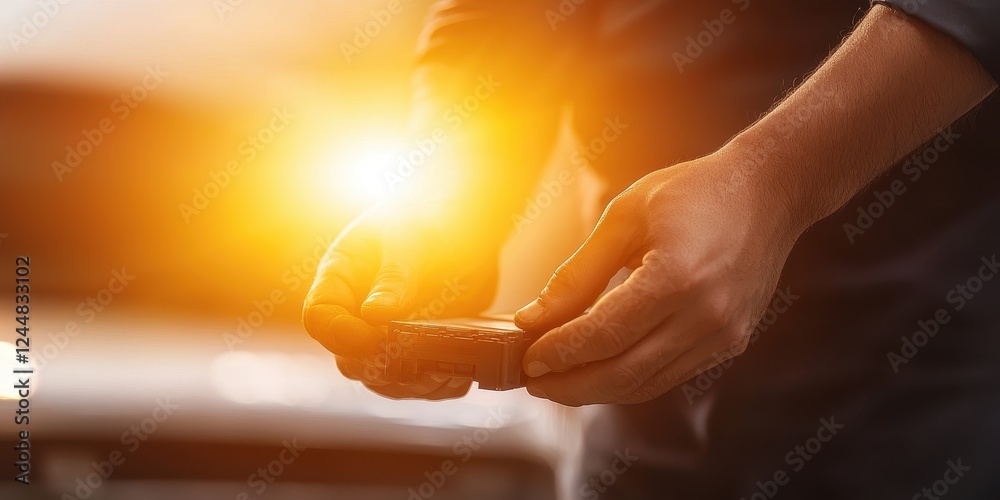 Hands Holding Device with Bright Light Reflection