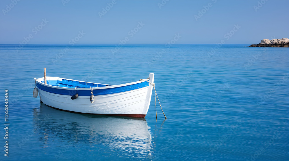 Serene blue sea, small boat at anchor, calm day, island background Serene blue sea, small boat at anchor, calm day, island background