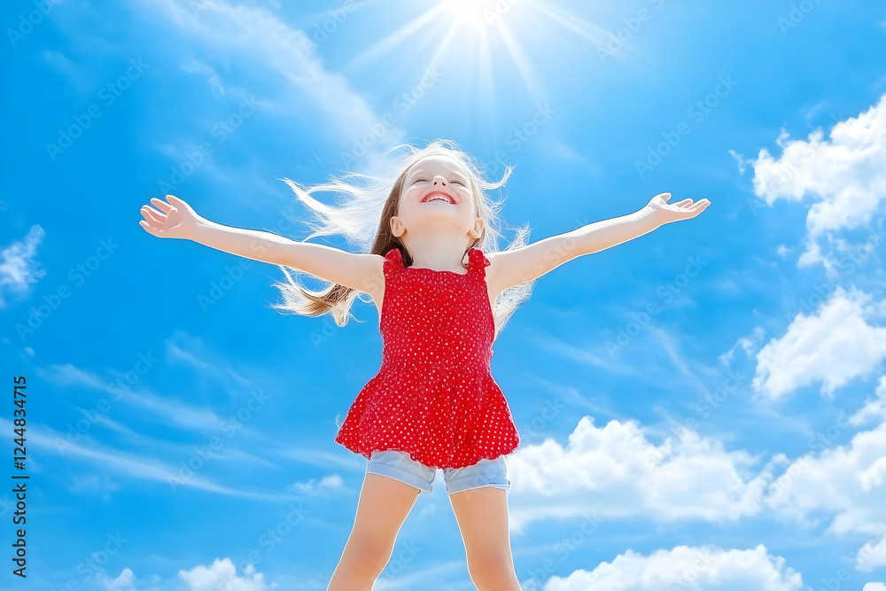 Happy Child Raises Arms in Joy Under a Bright Blue Sky with Fluffy White Clouds Happy Child Raises Arms in Joy Under a Bright Blue Sky with Fluffy White Clouds
