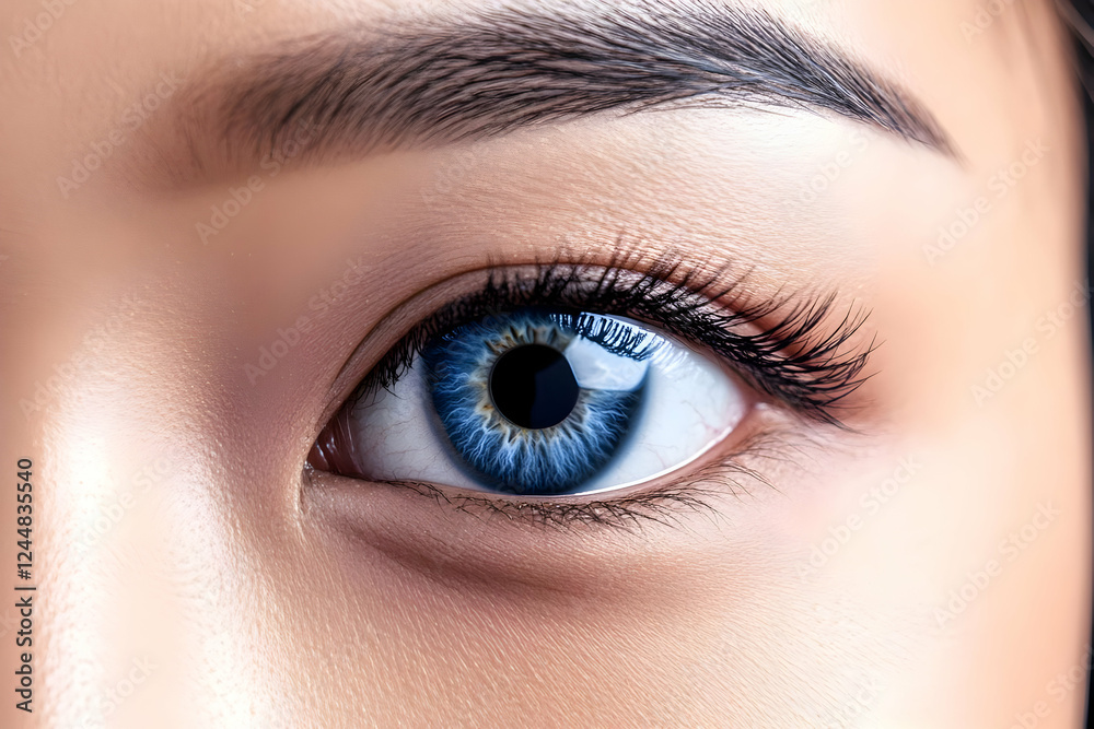 Close-up of a bright blue eye with long dark eyelashes and perfectly shaped eyebrow Close-up of a bright blue eye with long dark eyelashes and perfectly shaped eyebrow
