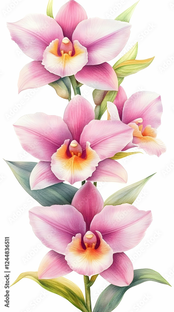 Obraz premium Pink Orchids Bloom Elegantly on a Stem with Delicate Petals and Leaves in a Botanical Illustration