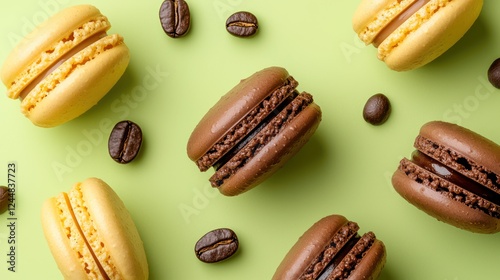 Wallpaper Mural A colorful arrangement of macarons and coffee beans on a light green background. Torontodigital.ca