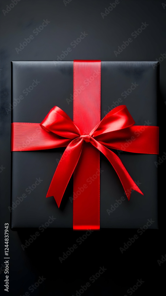 Black Gift Box Wrapped with a Red Ribbon Elegantly Tied into a Bow Black Gift Box Wrapped with a Red Ribbon Elegantly Tied into a Bow