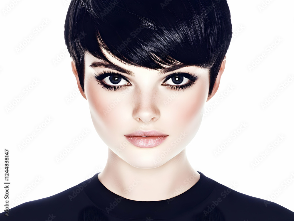 Stylish Woman with Short Black Hair and Elegant Makeup Poses Confidently in a Simple Black Outfit. Stylish Woman with Short Black Hair and Elegant Makeup Poses Confidently in a Simple Black Outfit.