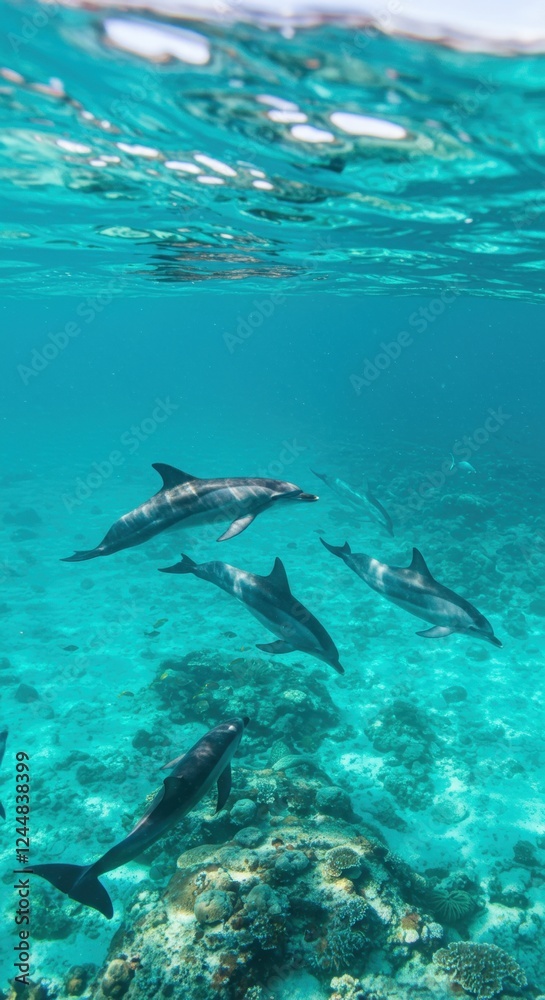 Celebrating dolphin awareness month with dolphins swimming in clear ocean waters Celebrating dolphin awareness month with dolphins swimming in clear ocean waters